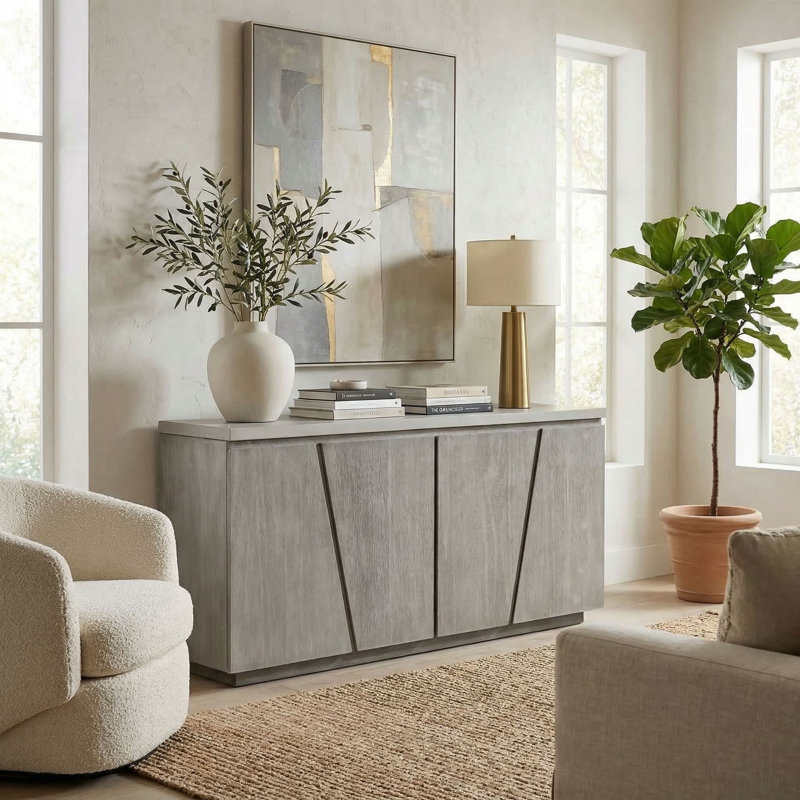 Grand buffet gris avec plateau en béton et structure en acacia brossé