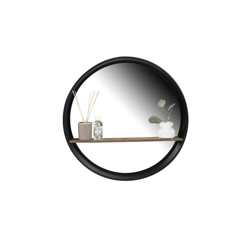 Barbera Round Metal Framed Wall Mirror with Wood Shelf