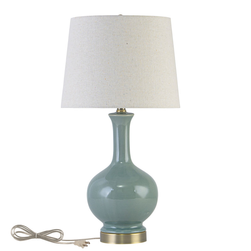 Lampe de table 23 po en céramique craquelée verte avec abat-jour en lin et base en laiton antique, Vert