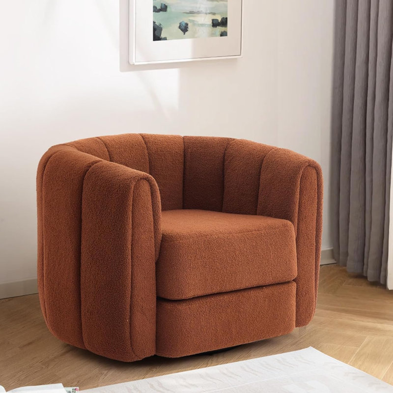37" Wide Accent Chair, Boucle Upholstered Swivel Barrel Chair, Brown, Brown Teddy