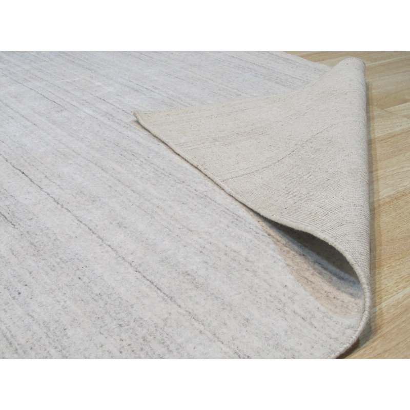 Tapis ivoire en laine noué à la main à motif géométrique moderne et subtil à rayures géométriques, 5 pi x 8 pi