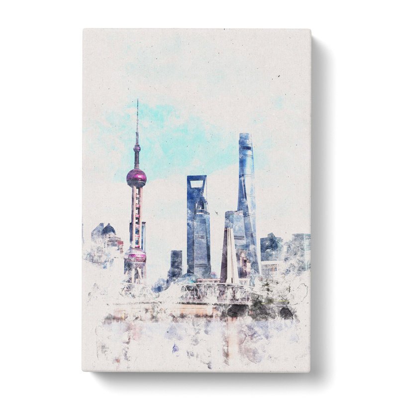 Shanghai Skyline Reflection - Wrapped Canvas Painting, 91cm H x 60cm W x 3cm D