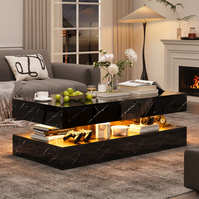47-Inch Large High-Glossy LED Coffee Table, Modern Coffee Table With 2 Sliding Drawers, Wireless Charging & Speaker, Marble Coffee Table For Living Room