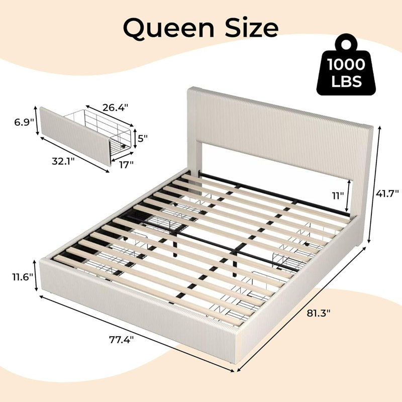 Platform Bed with 4 Storage Drawers, Upholstered Corduroy, Queen