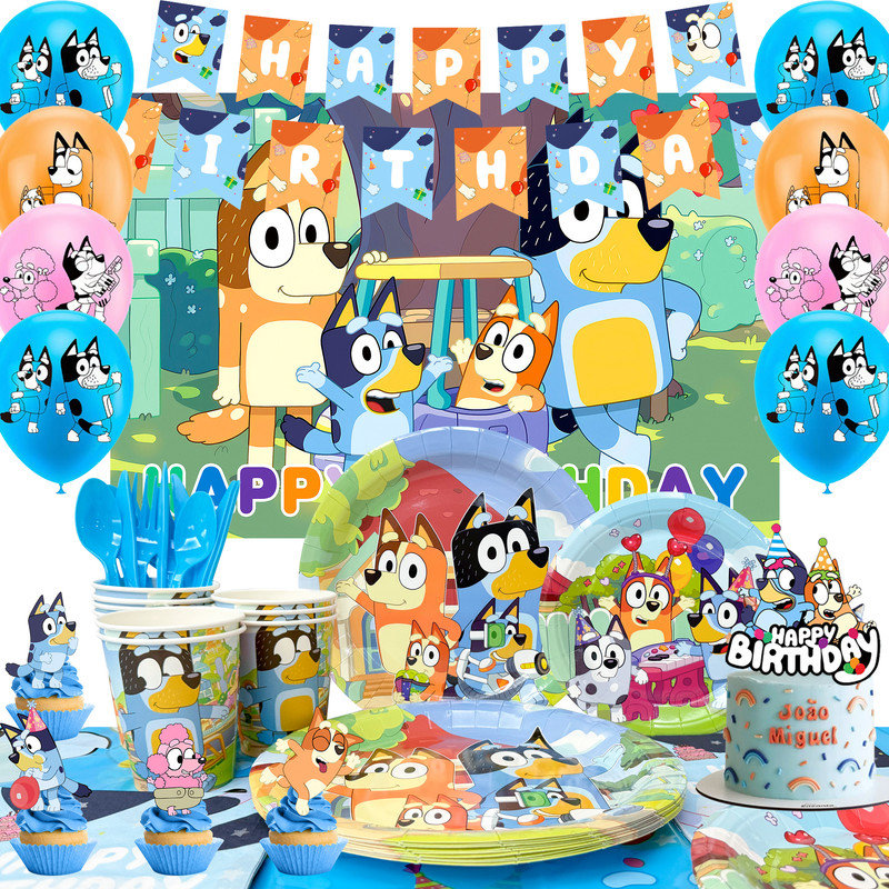 Bluey Birthday Decorations, 68 pièces décorations de fête Bluey et ensembles de vaisselle Bluey