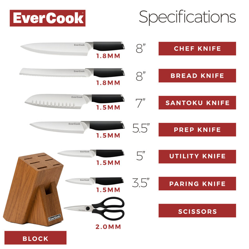 Ensemble de couteaux EverCook 8 pièces, lame en acier inoxydable, poignée noire, bloc de bois d'acacia, Black, White