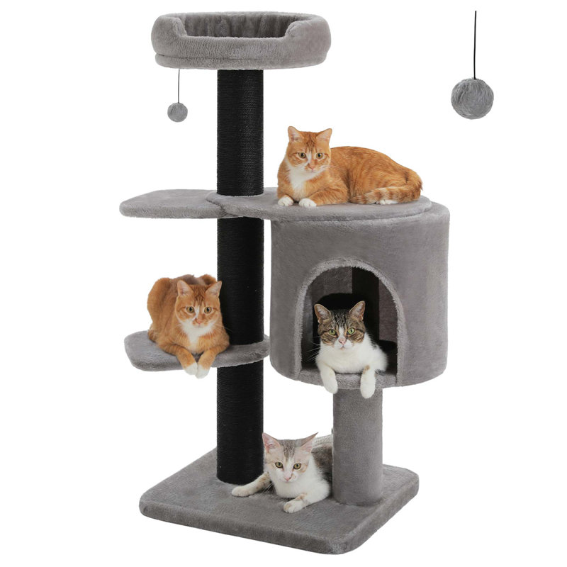 48" Cat Tree Tower With Fully-Wrapped Scratching Posts, Multi-Level Cat Condo, Perch & Hammocks, Black