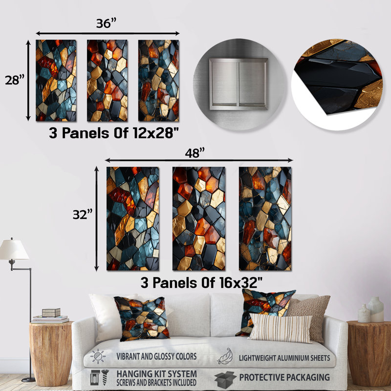 Carrelage mosaïque cubique doré et bleu I, H 28 po x l 36 po