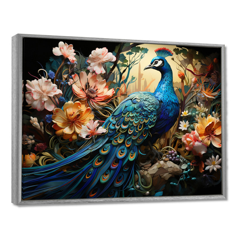 Teal Peacock Parade I - Peacock, reproduction d'art encadrée, Encadrement argenté, 12" H x 20" W