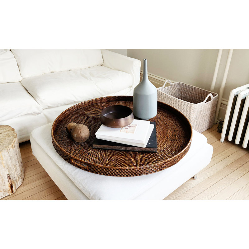 Plateau rond avec poignée, Brun antique, H 2 po x l 26 po x P 26 po
