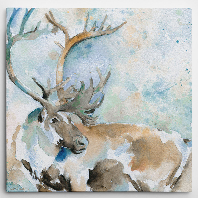 «Caribou on Blue» par Carol Robinson, reproduction d'art sur toile tendue, H 24 po x l 24 po x P 1,5 po
