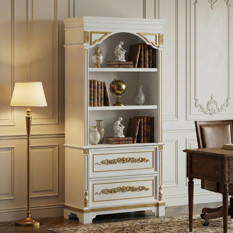 Vitrine française de 76,3 po: ornée d'or, éclairée par DEL et interrupteur tactile