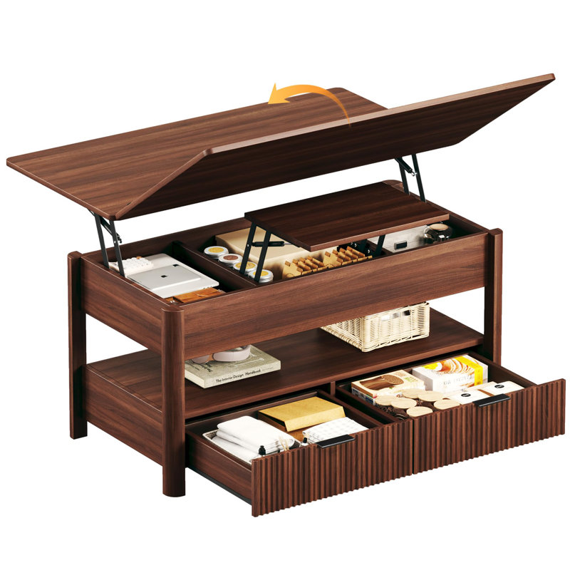 Table basse 4 en 1 à plateau relevable avec rangement caché et tiroirs, Brun