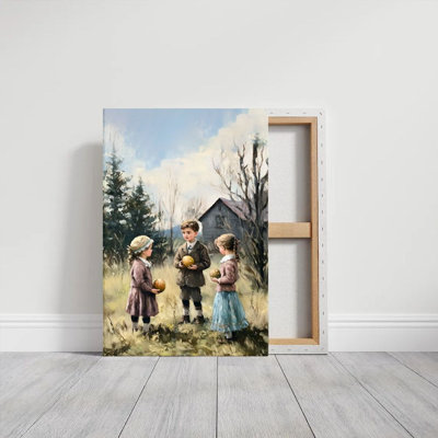 2D Flat, 1Pc Framed Canvas Wall Art, Rural Children, Easter Egg Game, Impressionist Realistic Style Art Print Canvas Poster Painting Room Wall Decor, Ideal Gift For Bedroom Living Room Hallway Dorm, Ready To Hang