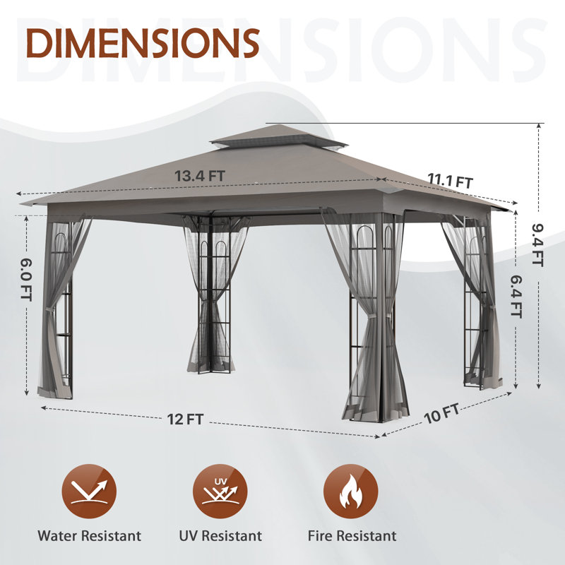 Gray 13x11 Metal Patio Gazebo with Mosquito Netting