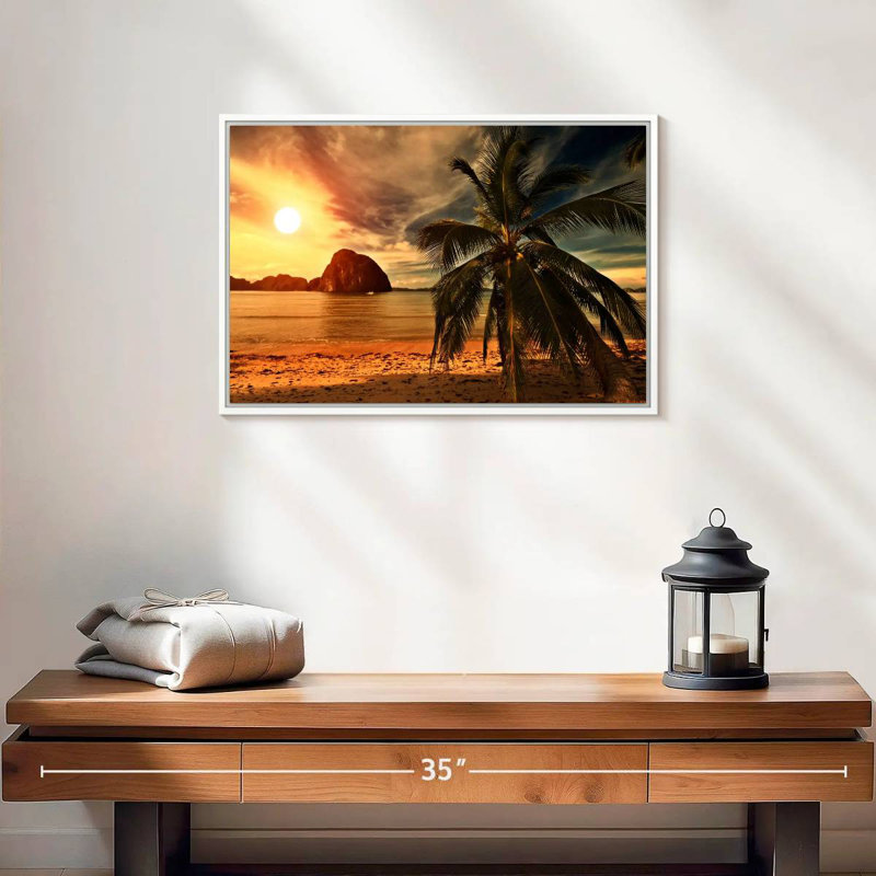 Coucher de soleil sur la plage chaude, Cadre flottant blanc, 19 po x 13 po