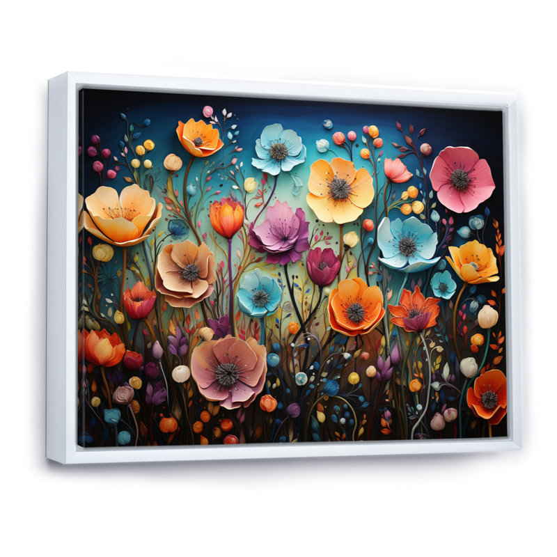 Fleurs colorées fantaisistes - Art mural fleurs sauvages, H 30 po x l 40 po x P 1,5 po, Cadre flottant blanc
