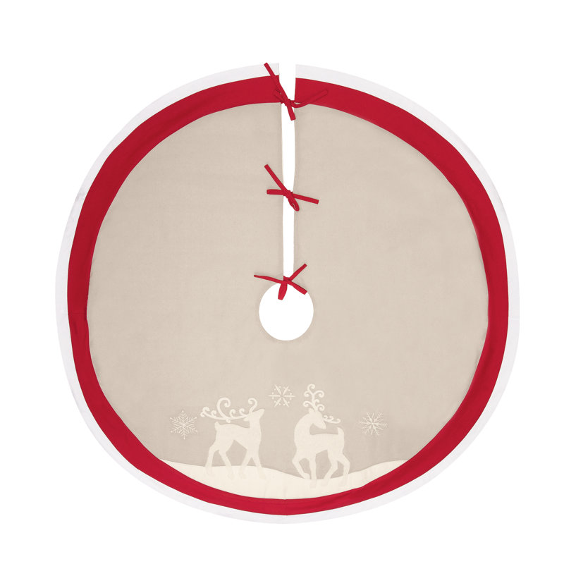 Beige and Red Cotton Christmas Tree Skirt with Deer and Snowflakes, 54 inches