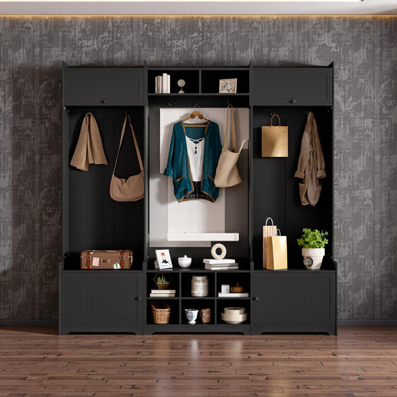 White Modern Hall Tree - 79" Entryway Bench with Shoe Storage & 7 Coat Hooks, Black