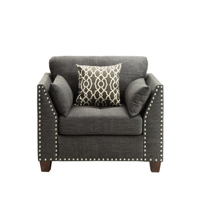 Gray Linen Sitting Chair With 3 Pillows - Buttonless , Loose Cushion, Wood Frame, Legs Arm Design, Nailhead Trimmed Base, Pocket Coil Seat, Frame