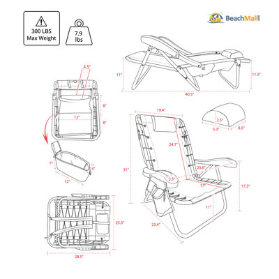 Ultimate Heavy Duty Aluminum Folding Backpack Beach Chair for Adults | Lay Flat, 5 Reclining Positions | Removable Insulated Cooler Pouch | 300 lbs Weight Capacity
