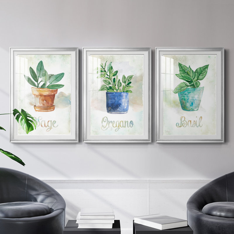 Basilic en pot - ensemble de 3 reproductions de cadres photo, H 26,5 po x l 109,5 po x P 1,5 po, Argent