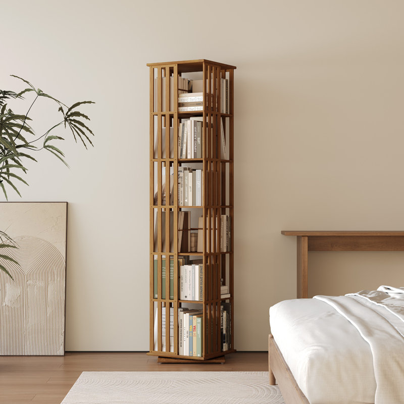 Rotating Bookcase Tower, 6 Tier Walnut Bamboo Corner Bookshelf With Display Organizer & Floor Storage Rack, 360°Swivel Narrow Space-Saving Design