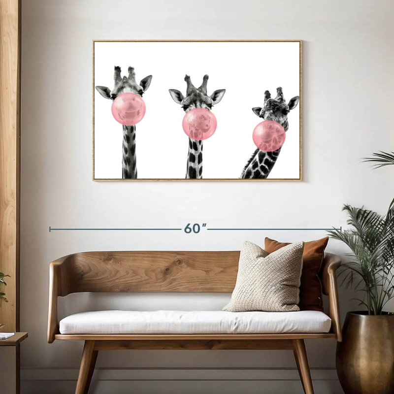 Three Bubble Gum Giraffes, Floating Frame Natural Wood, 43" X 29"