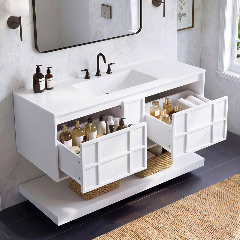Armoire de salle de bain murale 48 po, meuble-lavabo flottant en MDF avec 2 grands tiroirs et tablette inférieure ouverte, armoire de rangement peinte en blanc, conception sans poignée