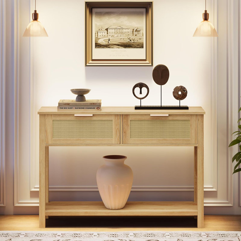 Table d'entrée en rotin Zayer, console de 43 po avec tiroirs, canapé à 2 niveaux avec rangement, console en bois pour le hall d'entrée