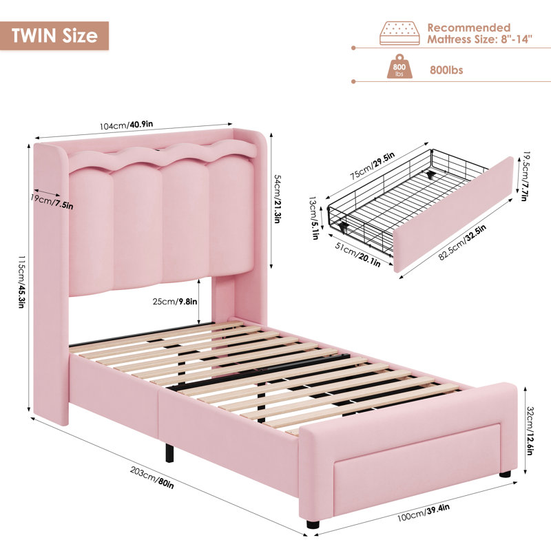 3-Piece Bedroom Sets, Upholstered Storage Bed with Open shelf, 2 Nightstands with 3 Drawers, Pink, Twin