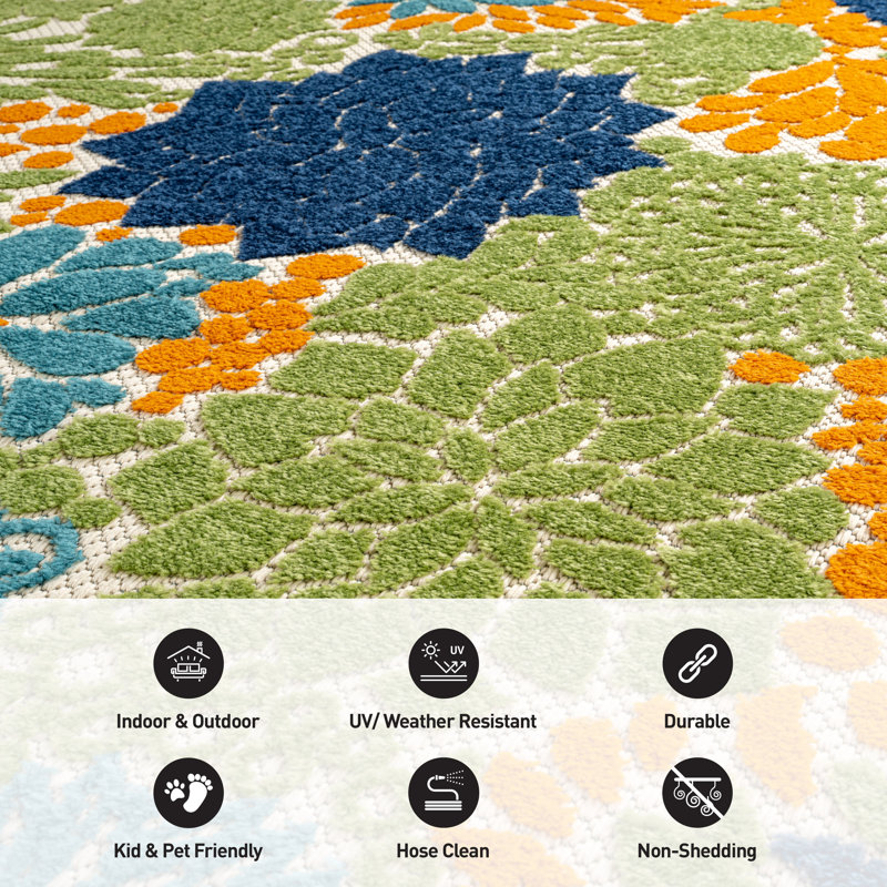 Floral Beige/Navy/Teal/Green/Orange Indoor/Outdoor High-Low Area Rug, Rectangle 4' x 6', Multi/Beige