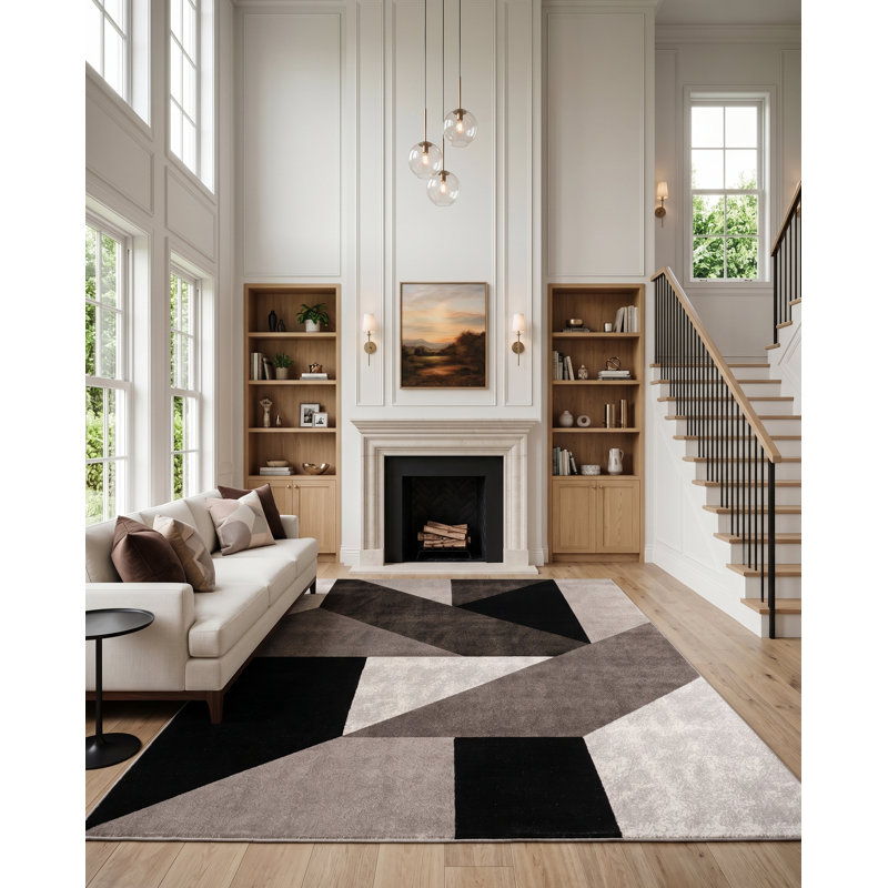 Kiraz Abstract Area Rug in Brown/ White/ Black/ Beige/ Grey, Rectangle 5' x 7'2"