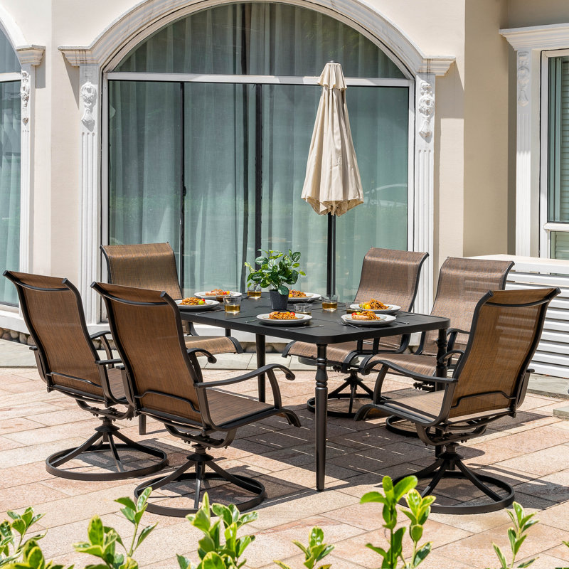 Patio 7-piece PVC-coated polyester Swivel Dining Set With Umbrella Hole, 7 Pieces: Table, 6 Chairs