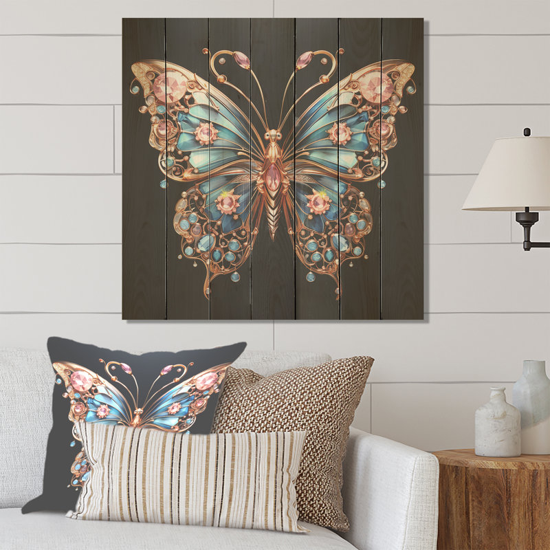Papillon bleu et rose I - Animal papillon sur bois, H 36 po x l 36 po