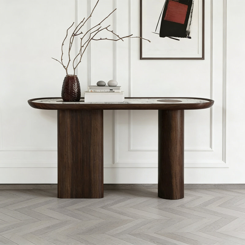 Console ovale moderne avec plateau en faux marbre, H 29,92 po x l 43,31 po x P 16,54 po