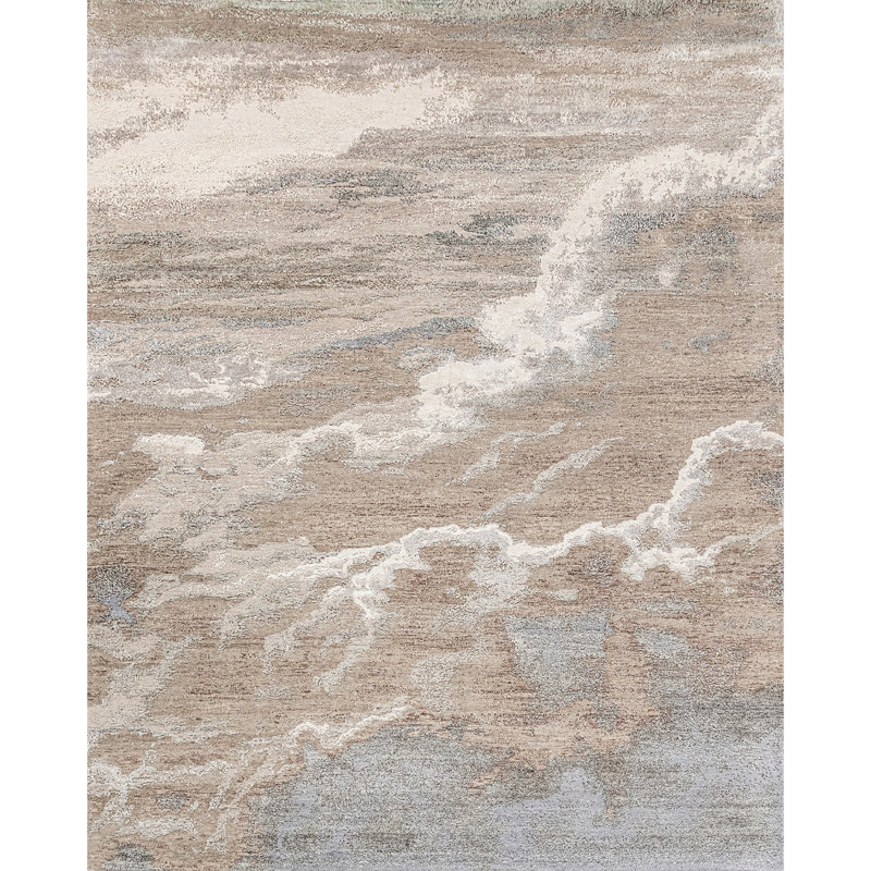 High-Quality Hand-Knotted Beige And Light Grey Area Rug, Rectangle 9' x 12'