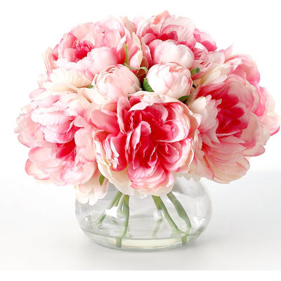 Fleurs de pivoines en soie Real Touch dans un vase en verre - ensemble de 6 tiges avec de l'eau artificielle réaliste et 7 pièces de décoration intérieure, parfait pour les centres de mariage, la salle de bain, la table, l'étagère et la décoration de fête