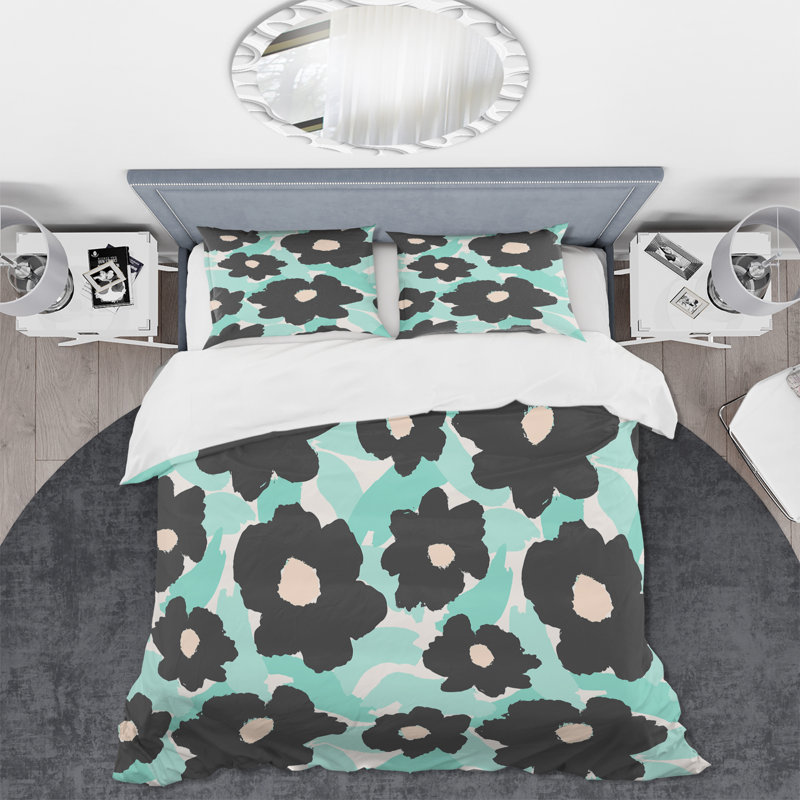 Fleurs de marguerite noire sur turquoise III - ensemble de housse de couette rétro - microfibre de polyester
