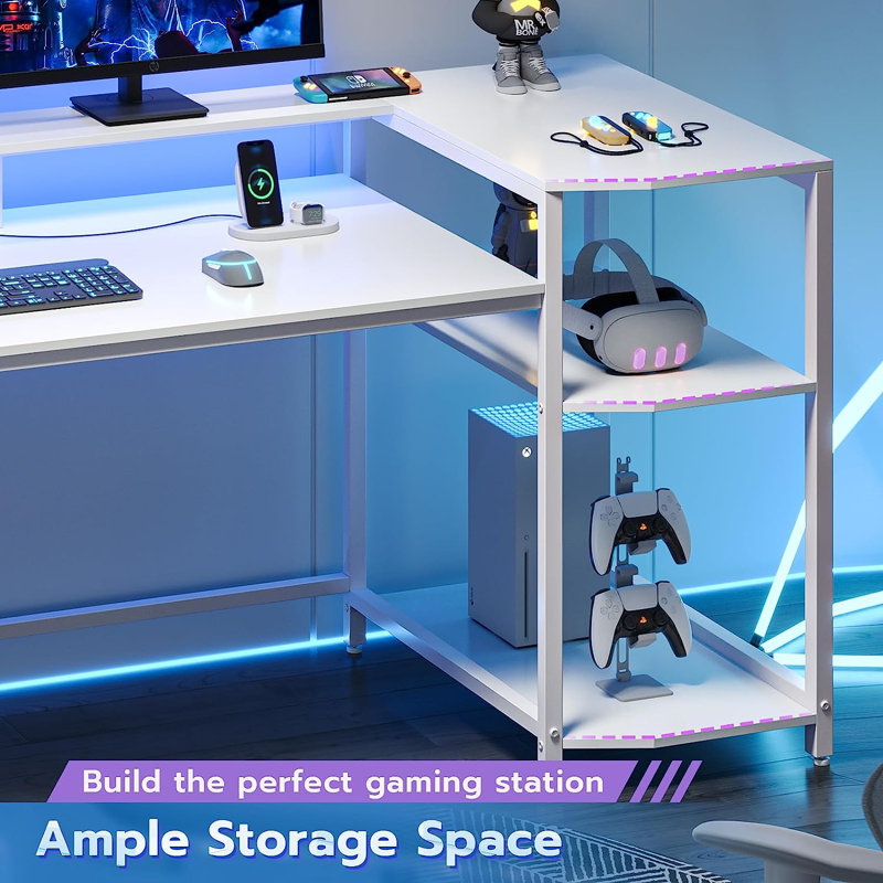 Cavit L-Shaped Metal Base Computer Desk with Power Outlet, White