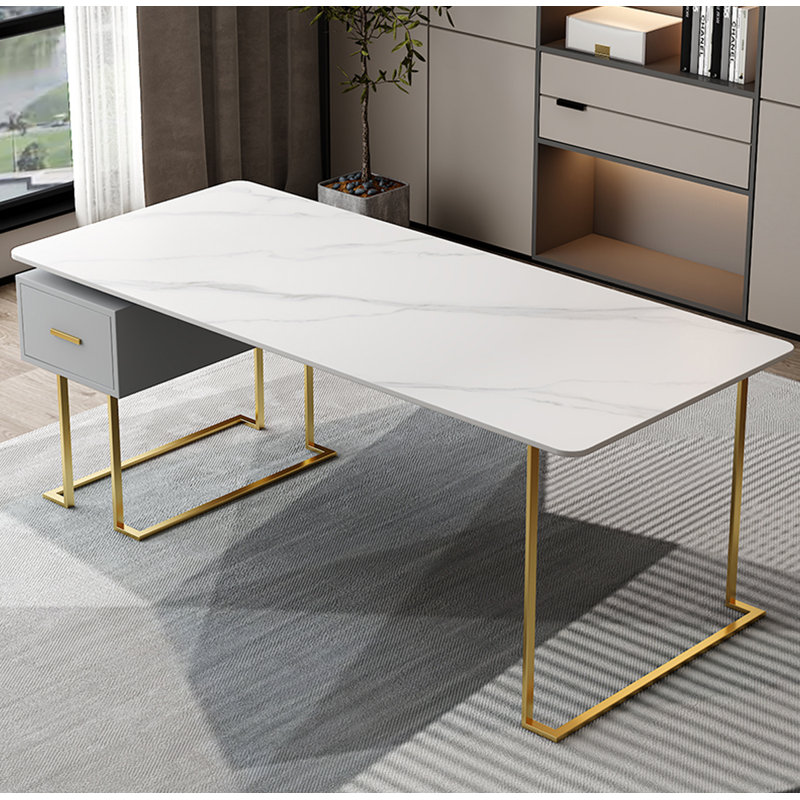 Practical Sintered Stone Office Desk with Storage Drawer, Gray/Gold, 29.5" H x 63" W x 31.5" D