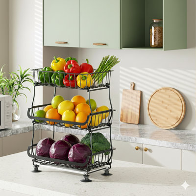 3-Tier Rolling Pantry Floor Organizer and Storage Cart with Wheels, Stackable Wire Pantry Baskets for Pantry Shelves, Kitchen Fruit Basket Stand and Storage Rack for Fruit Snack Onion Potato