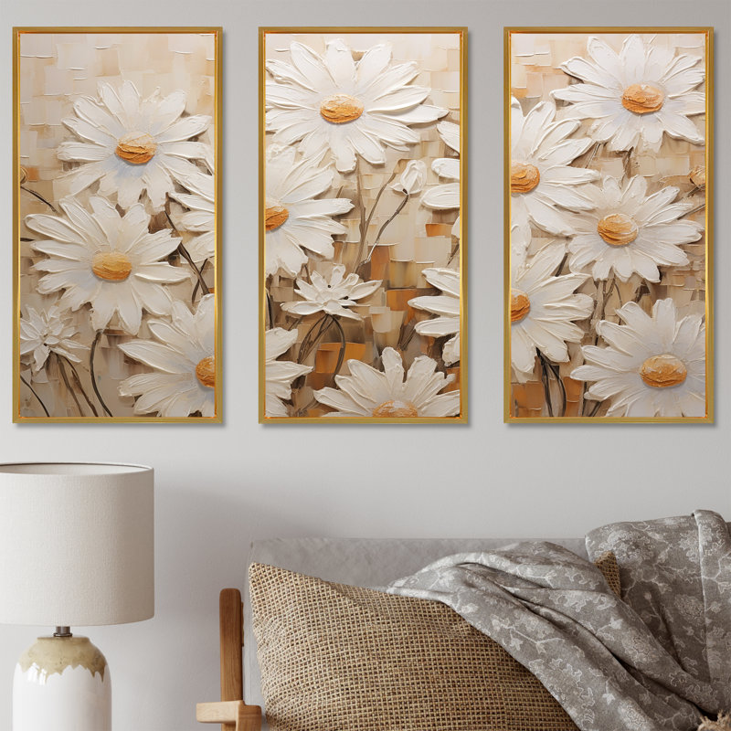 «White Daisy Fields Elegance V - Daisies», ensemble d'art sur toile, Cadre flottant doré, H 40 po x l 60 po x P 1 po