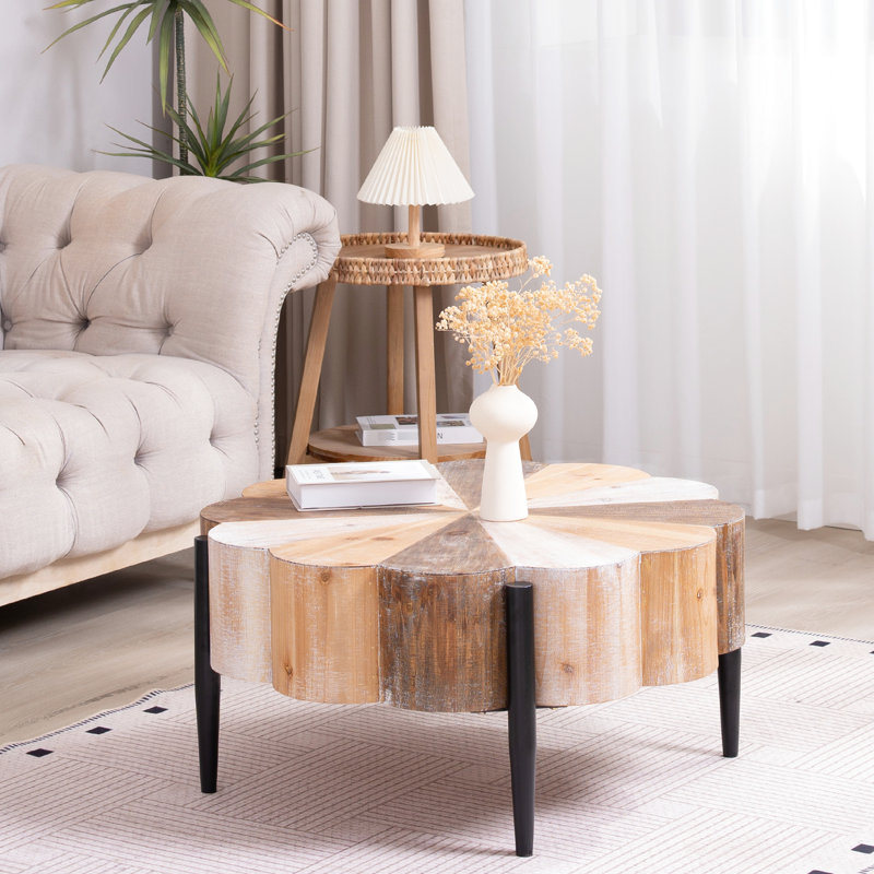 Table basse en forme de fleur, 31,7 po de diamètre, bois manufacturé avec pieds en métal, agencement rustique patiné pour le salon