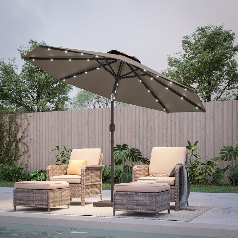 Parasol de marché 9 pi avec lumières DEL, cadre de table résistant aux intempéries, Taupe