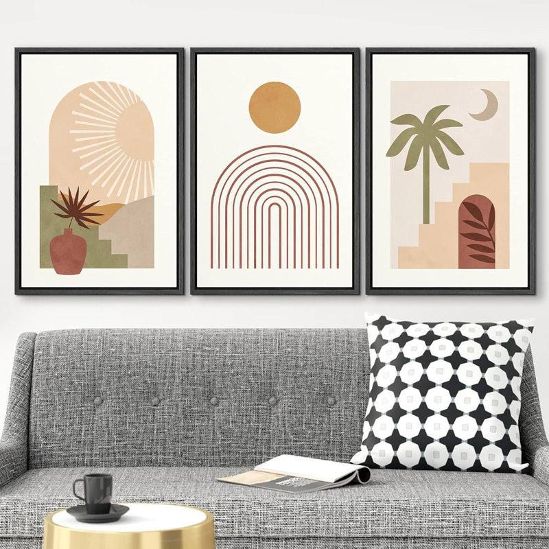 Bohemian-style Plants " Boho Mid-Century Tropical Desert Architecture Abstract Illustrations Modern Art Landscape Colourful " 3 - Pieces