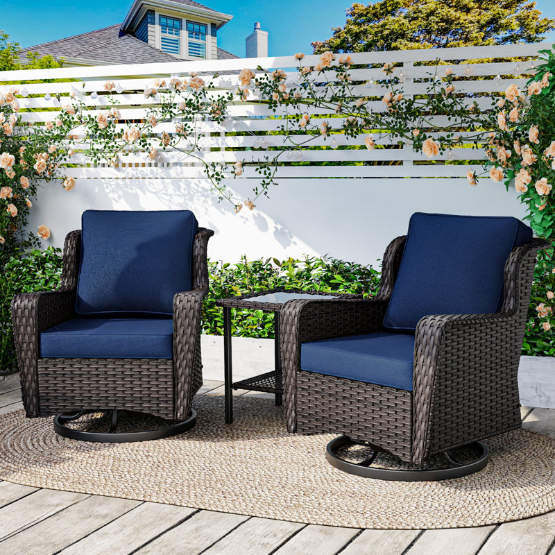 Ensemble de 3 chaises pivotantes en rotin de patio, Bleu très foncé