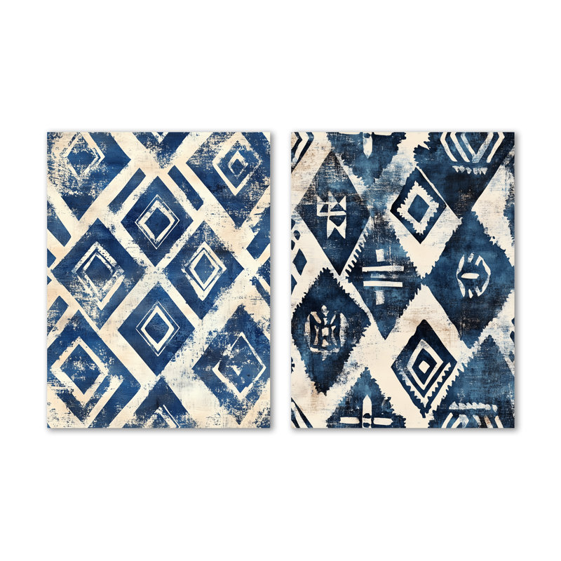 Motif tribal indigo I - ensemble de 2 impressions murales abstraites en métal bleu, 32" H x 48" W