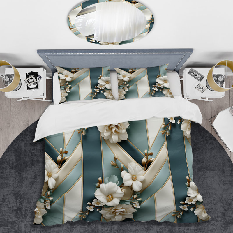 Literie blanche rayée à motif floral élégant, Housse de couette pour très grand lit et 2 très