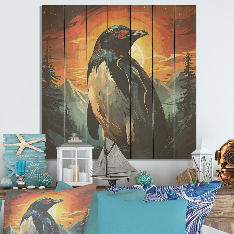 Coucher de soleil sur glace, charme pingouin III - pingouin sur bois, H 25 po x l 25 po